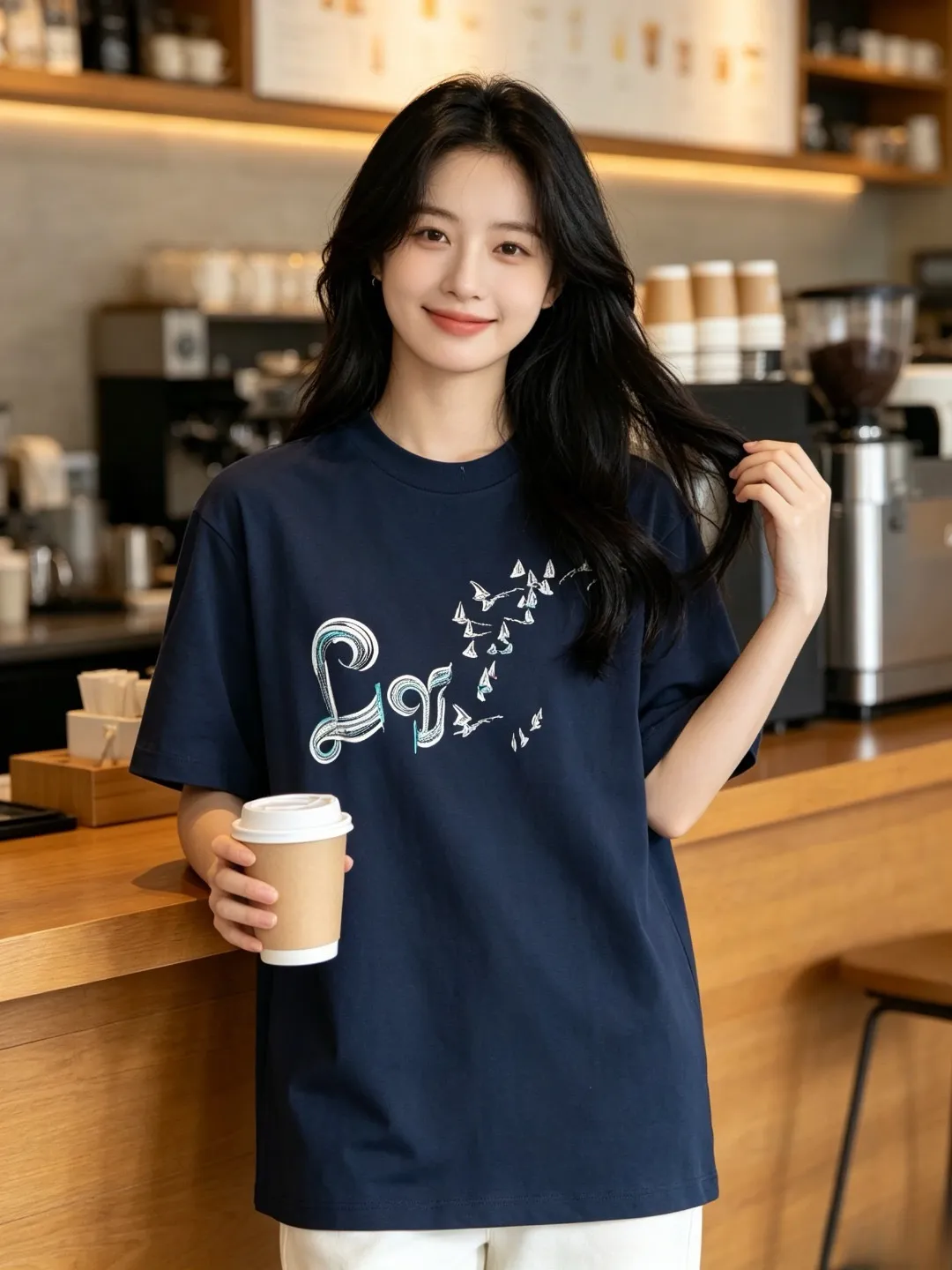 Louis Vuitton/Louis Vuitton gradient color thread sailboat and bird embroidery short sleeves
